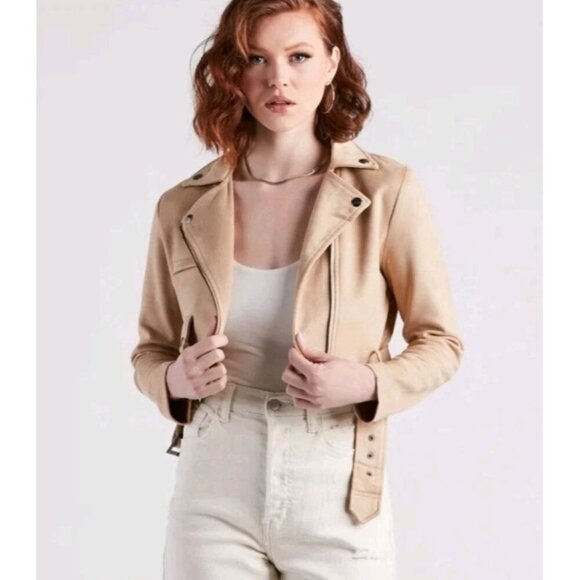 HYFVE Suede cropped full zip moto jacket women size L - Picture 1 of 8